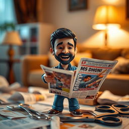 A miniature figure of a small man excitedly cutting out an image of MS Dhoni from a newspaper
