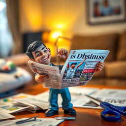 A miniature figure of a small man excitedly cutting out an image of MS Dhoni from a newspaper