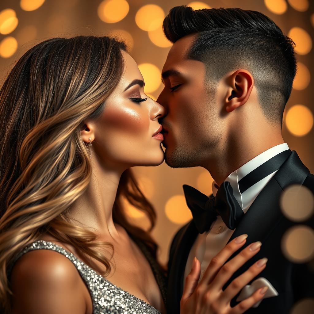 A close-up of two elegantly dressed models kissing passionately