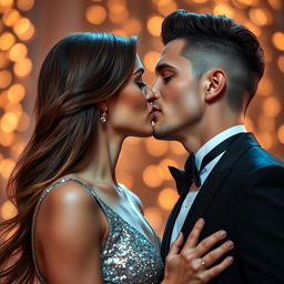 A close-up of two elegantly dressed models kissing passionately