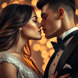 A close-up of two elegantly dressed models kissing passionately