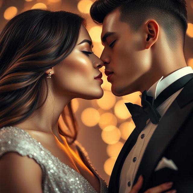 A close-up of two elegantly dressed models kissing passionately