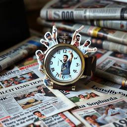 A small decorative watch adorned with cut-out images of MS Dhoni from various newspapers