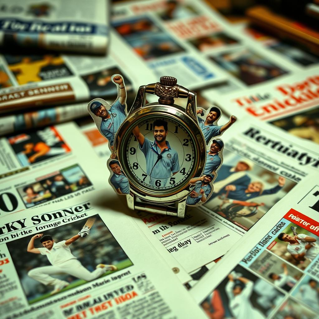 A small decorative watch adorned with cut-out images of MS Dhoni from various newspapers