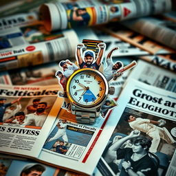 A small decorative watch adorned with cut-out images of MS Dhoni from various newspapers
