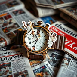 A small decorative watch adorned with cut-out images of MS Dhoni from various newspapers