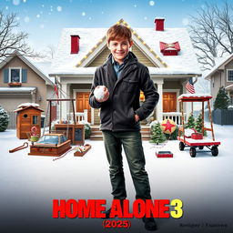 A vibrant movie poster for 'Home Alone 3 (2025)', featuring a teenage Kevin standing confidently in the center with a cheeky smile, surrounded by an array of imaginative and quirky traps set up around a charming suburban home