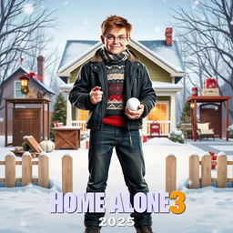 A vibrant movie poster for 'Home Alone 3 (2025)', featuring a teenage Kevin standing confidently in the center with a cheeky smile, surrounded by an array of imaginative and quirky traps set up around a charming suburban home