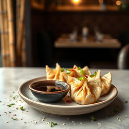 A beautifully plated dish of dim sum, specifically mentai goreng, which features delicate dumplings filled with spicy mentai (cod roe) sauce