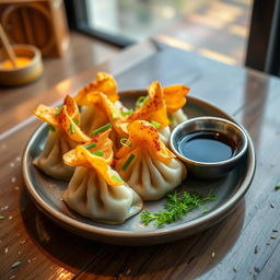A beautifully plated dish of dim sum, specifically mentai goreng, which features delicate dumplings filled with spicy mentai (cod roe) sauce