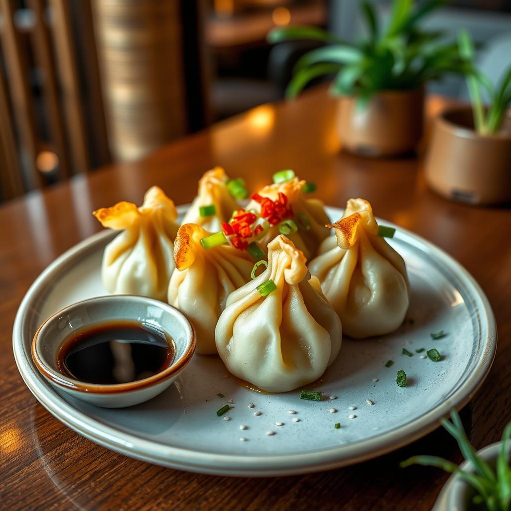 A beautifully plated dish of dim sum, specifically mentai goreng, which features delicate dumplings filled with spicy mentai (cod roe) sauce