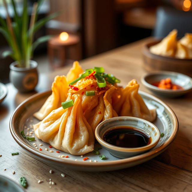 A beautifully plated dish of dim sum, specifically mentai goreng, which features delicate dumplings filled with spicy mentai (cod roe) sauce