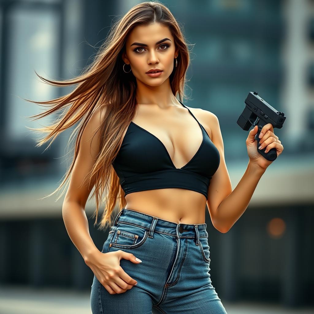 A confident young woman with long flowing hair, wearing a stylish black bra and high-waisted jean pants