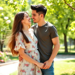 A cute couple, both young adults, enjoying a sunny day in a beautiful park