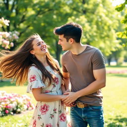 A cute couple, both young adults, enjoying a sunny day in a beautiful park