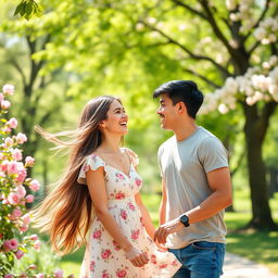 A cute couple, both young adults, enjoying a sunny day in a beautiful park