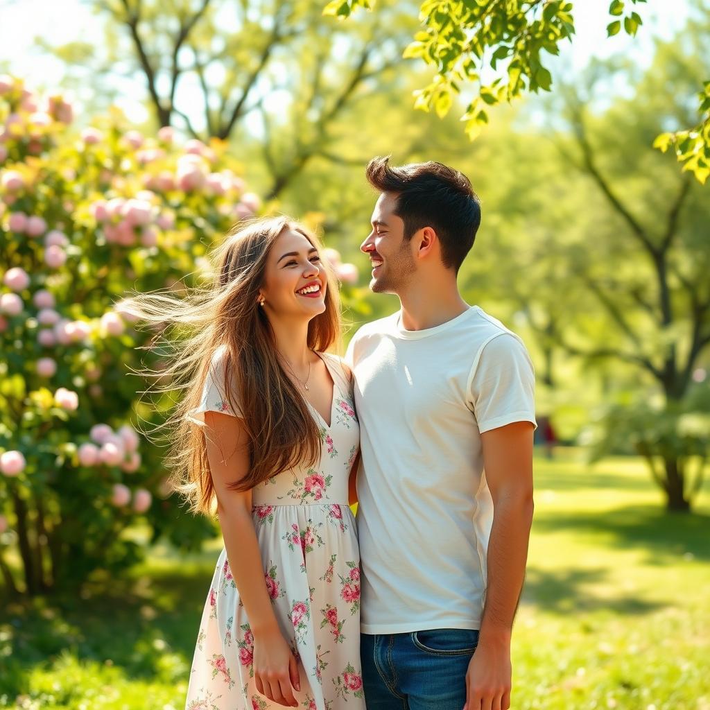 A cute couple, both young adults, enjoying a sunny day in a beautiful park