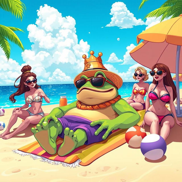 A cartoon-style illustration of King Wart (or Mamu) sunbathing on a vibrant beach