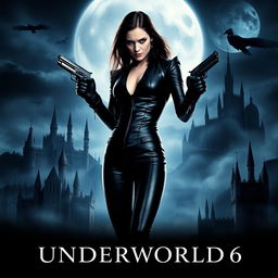 An atmospheric movie poster for 'Underworld 6 (2025)', showcasing an intense and darkly elegant vampire warrior, Selene, in a striking black leather outfit, wielding dual pistols