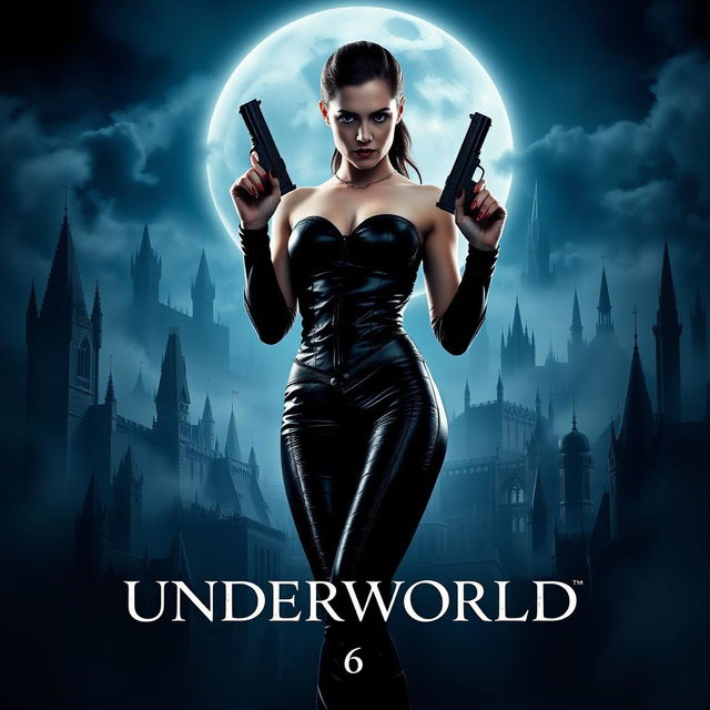 An atmospheric movie poster for 'Underworld 6 (2025)', showcasing an intense and darkly elegant vampire warrior, Selene, in a striking black leather outfit, wielding dual pistols