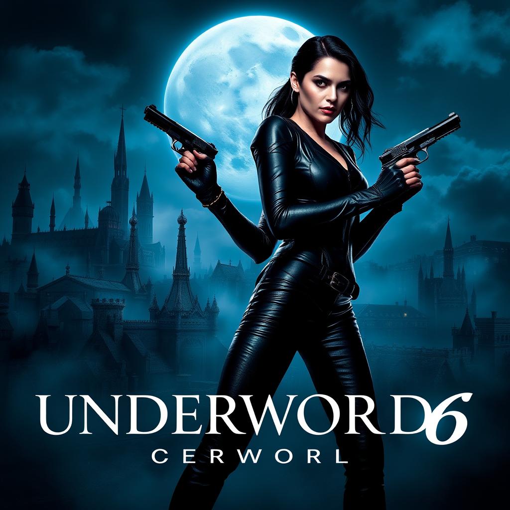 An atmospheric movie poster for 'Underworld 6 (2025)', showcasing an intense and darkly elegant vampire warrior, Selene, in a striking black leather outfit, wielding dual pistols