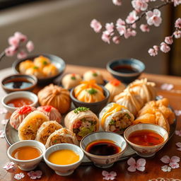 A beautiful arrangement of colorful dim sum served with a variety of Japanese sauces, including soy sauce, ponzu, and spicy mayo