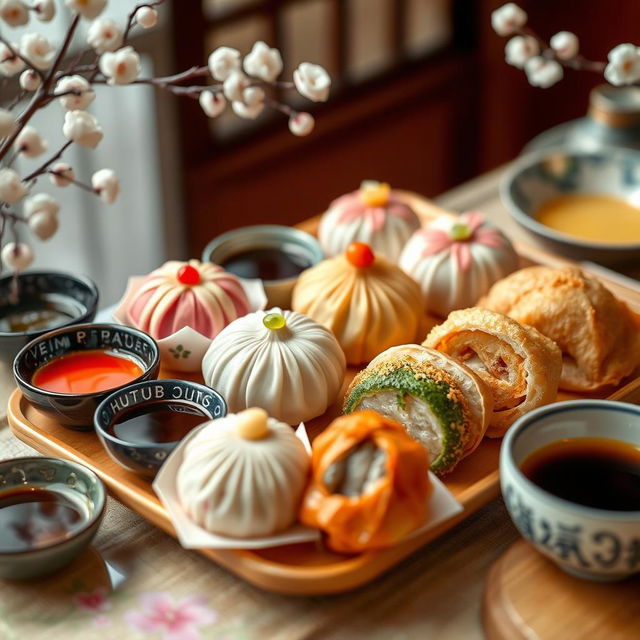 A beautiful arrangement of colorful dim sum served with a variety of Japanese sauces, including soy sauce, ponzu, and spicy mayo