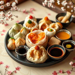A beautiful arrangement of colorful dim sum served with a variety of Japanese sauces, including soy sauce, ponzu, and spicy mayo