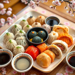 A beautiful arrangement of colorful dim sum served with a variety of Japanese sauces, including soy sauce, ponzu, and spicy mayo