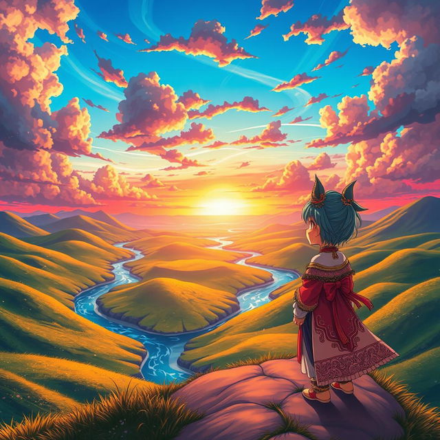 A vibrant anime style representation of a beautiful landscape featuring a fantasy world with lush green hills, sparkling blue rivers, and a colorful sunset sky filled with dramatic clouds