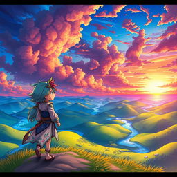 A vibrant anime style representation of a beautiful landscape featuring a fantasy world with lush green hills, sparkling blue rivers, and a colorful sunset sky filled with dramatic clouds