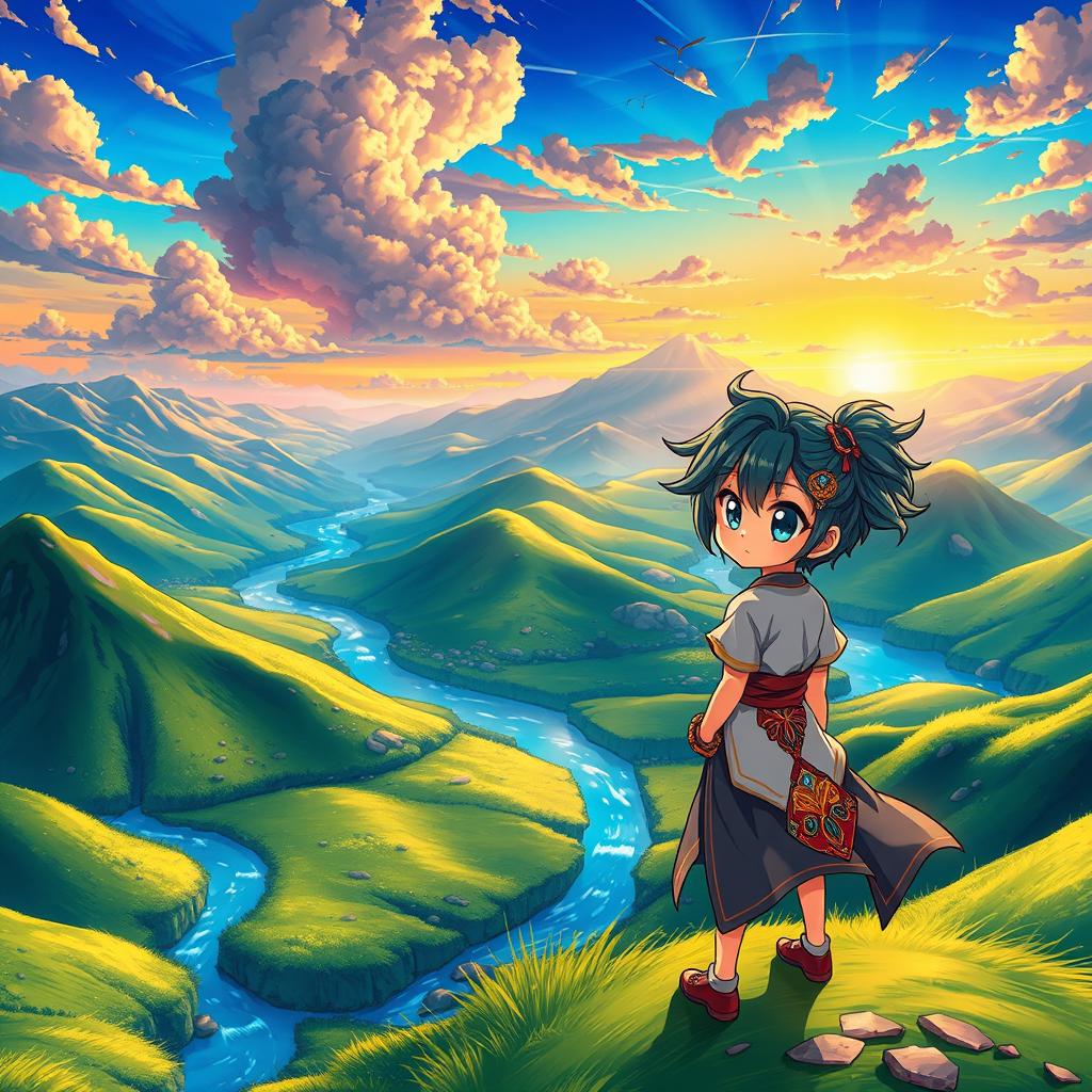 A vibrant anime style representation of a beautiful landscape featuring a fantasy world with lush green hills, sparkling blue rivers, and a colorful sunset sky filled with dramatic clouds
