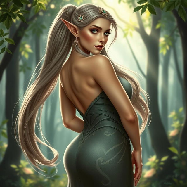 A stunning female elf with exceptionally large breasts and a curvy figure, showcasing an ample backside