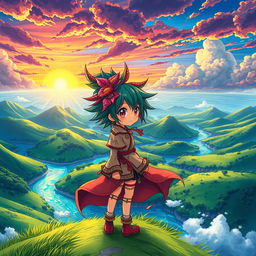 A vibrant anime style representation of a beautiful landscape featuring a fantasy world with lush green hills, sparkling blue rivers, and a colorful sunset sky filled with dramatic clouds