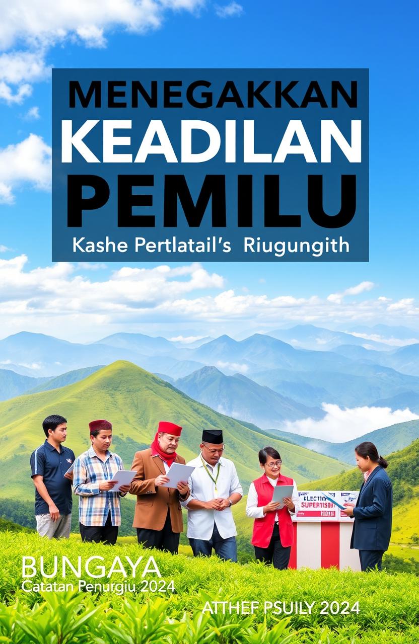 A vibrant and engaging book cover for 'Menegakkan Keadilan Pemilu dari Dataran Tinggi Bungaya (Catatan Pemilu 2024)'