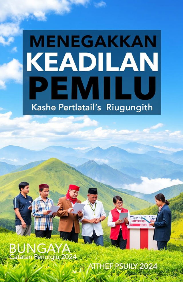 A vibrant and engaging book cover for 'Menegakkan Keadilan Pemilu dari Dataran Tinggi Bungaya (Catatan Pemilu 2024)'