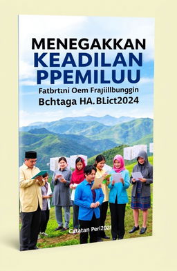 A vibrant and engaging book cover for 'Menegakkan Keadilan Pemilu dari Dataran Tinggi Bungaya (Catatan Pemilu 2024)'