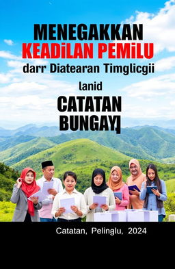 A vibrant and engaging book cover for 'Menegakkan Keadilan Pemilu dari Dataran Tinggi Bungaya (Catatan Pemilu 2024)'