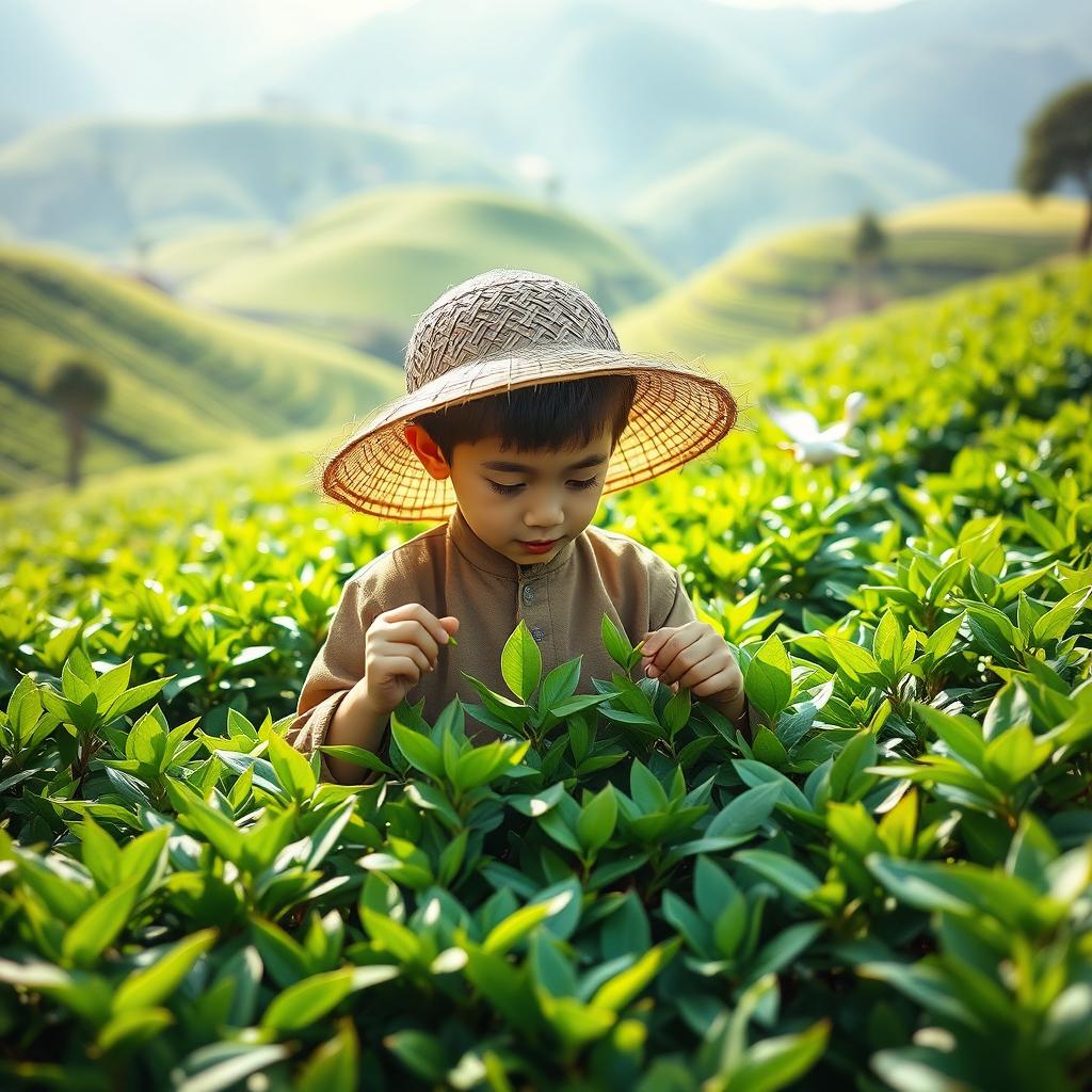 A young boy diligently working in a lush green tea garden, surrounded by vibrant tea plants, with a picturesque backdrop of rolling hills