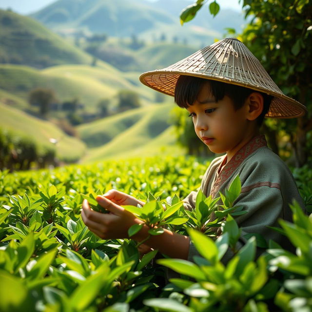 A young boy diligently working in a lush green tea garden, surrounded by vibrant tea plants, with a picturesque backdrop of rolling hills