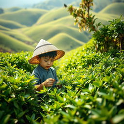 A young boy diligently working in a lush green tea garden, surrounded by vibrant tea plants, with a picturesque backdrop of rolling hills