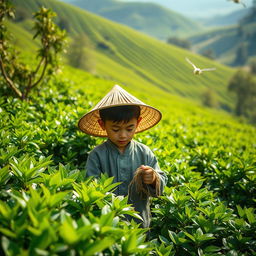 A young boy diligently working in a lush green tea garden, surrounded by vibrant tea plants, with a picturesque backdrop of rolling hills