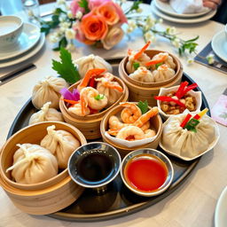A beautifully arranged platter of dim sum featuring a variety of dumplings filled with chicken, shrimp, crab, and vegan options