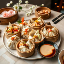 A beautifully arranged platter of dim sum featuring a variety of dumplings filled with chicken, shrimp, crab, and vegan options