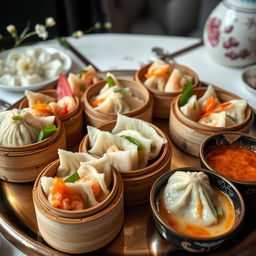 A beautifully arranged platter of dim sum featuring a variety of dumplings filled with chicken, shrimp, crab, and vegan options