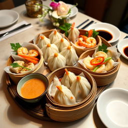 A beautifully arranged platter of dim sum featuring a variety of dumplings filled with chicken, shrimp, crab, and vegan options