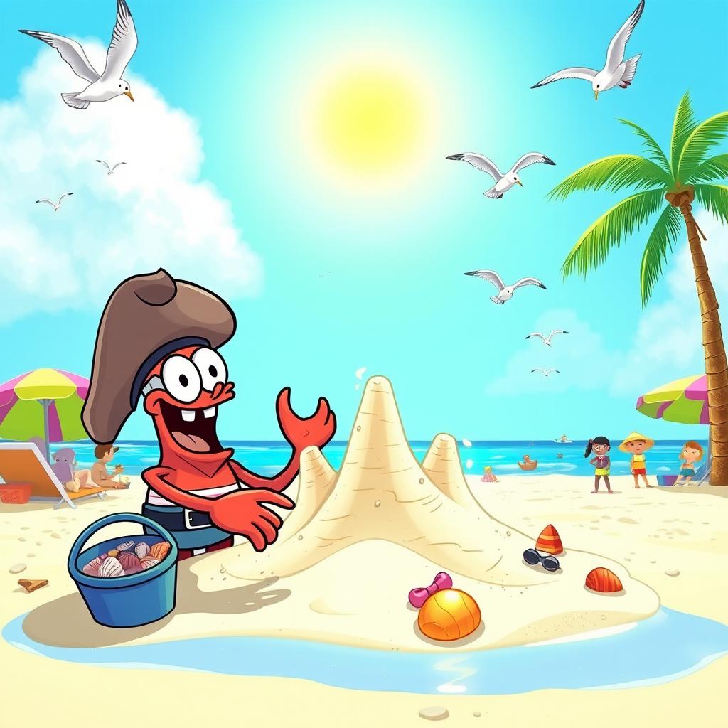 A cartoon beach scene featuring Mr