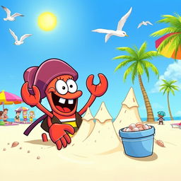 A cartoon beach scene featuring Mr