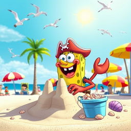 A cartoon beach scene featuring Mr