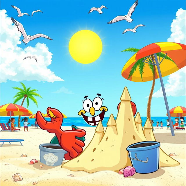 A cartoon beach scene featuring Mr